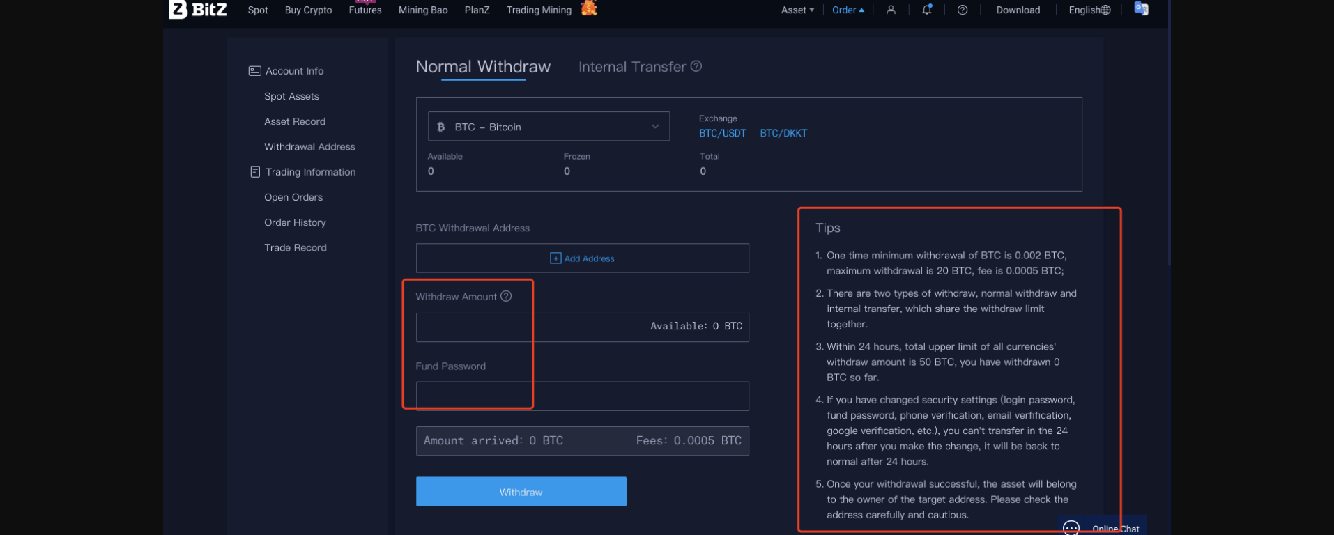 Withdraw Cryptos from Bit-Z 