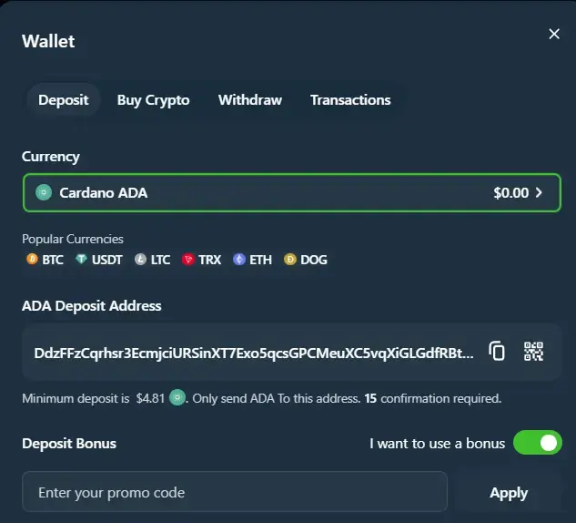 Cardano casino - Deposit Process