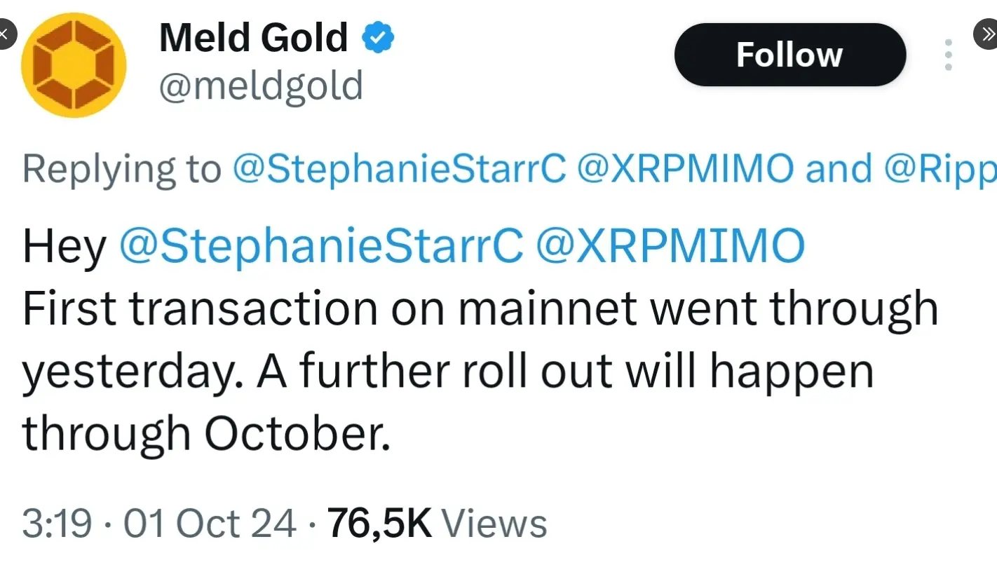 Meld Gold Confirming First Transaction on Mainnet through Ripple's XRP Ledger