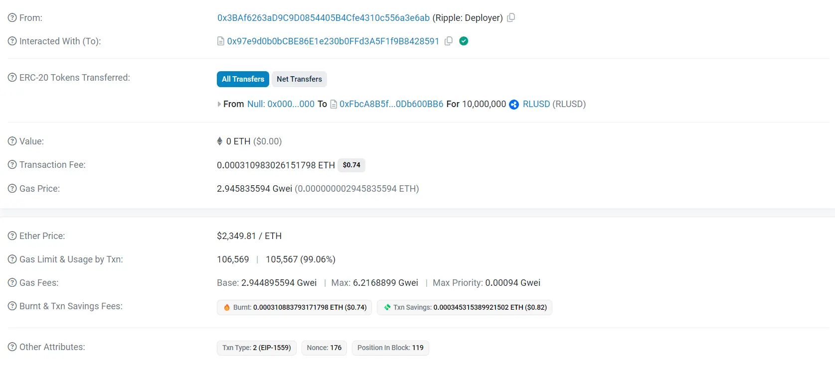 Ripple's Transaction Details for the 10M RLUSD Minted (Source: Etherscan)