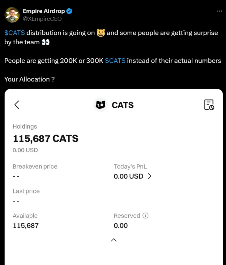 Excess $CATS Token Distribution 