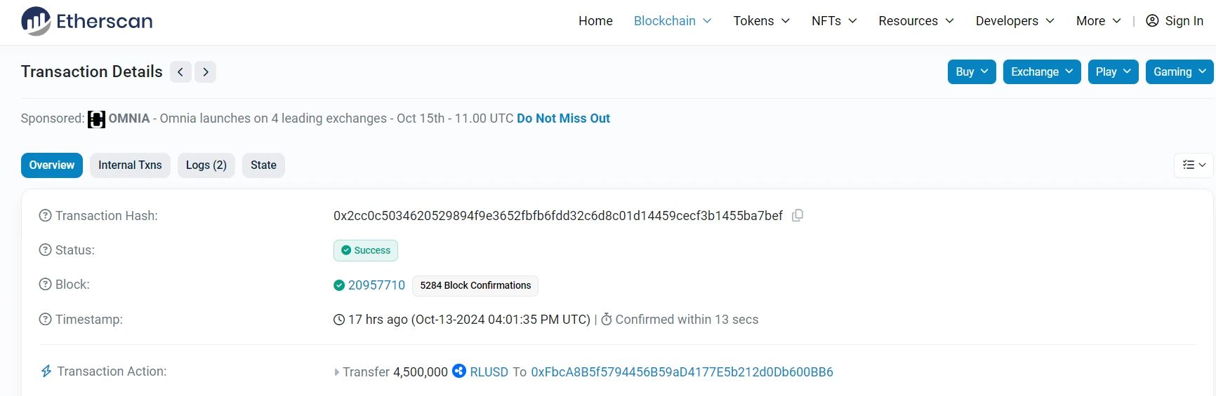 Etherscan Transaction Details of the 4.5 RLUSD transfer