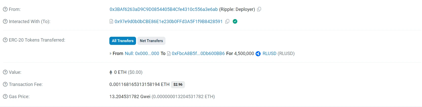 Transaction Details of the 4.5 RLUSD transfer (Source: Etherscan)