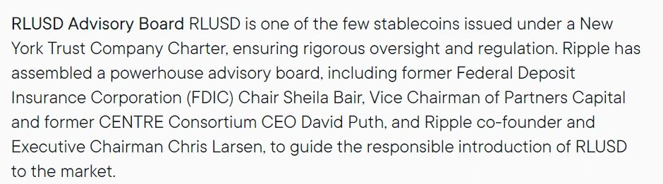 Snippet from the press release announcing Sheila Bair as one of the members of the Ripple's RLUSD Advisory Board