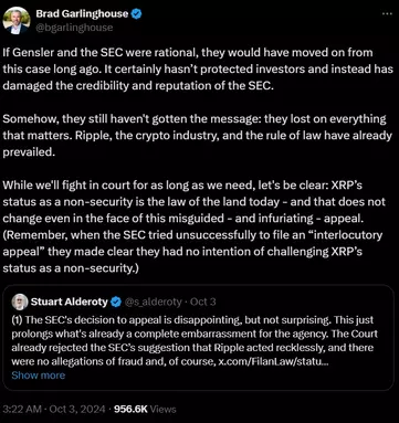 Ripple CEO Brad Garlinghouse states in an X post that they wont back out