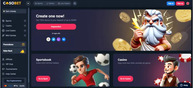 Casobet Casino User Interface