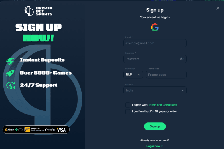 CryptoBetSports signup process