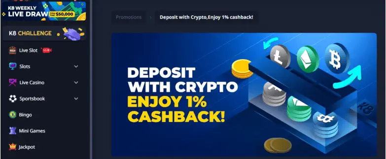 K8 Crypto Deposit Cashback Bonus