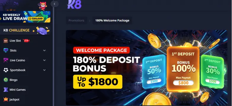 K8 casino welcome bonus