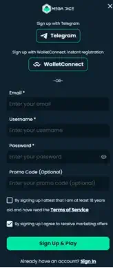 Mega Dice Casino Signup Process