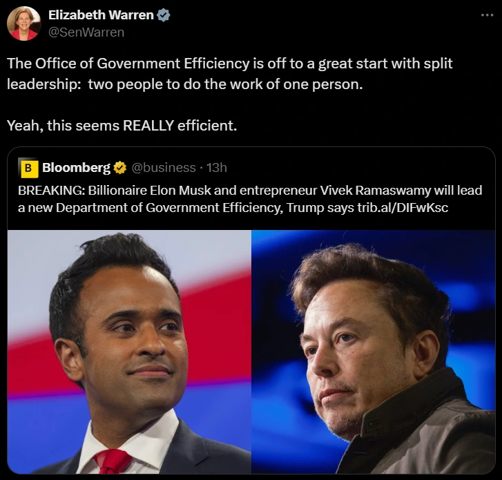 Senator Warren mengkritik Musk dan Ramaswamy