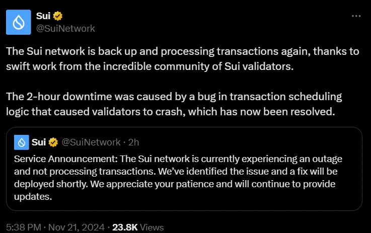 Sui from its official social media platform informs its users about the outage and restoration