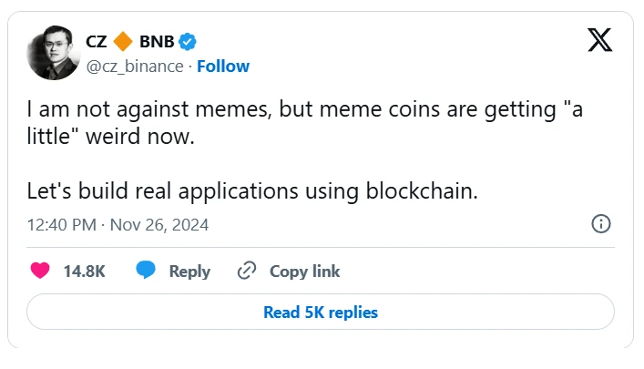 Binance CEO CZ comments on the rising popularity and emergence of Memecoins