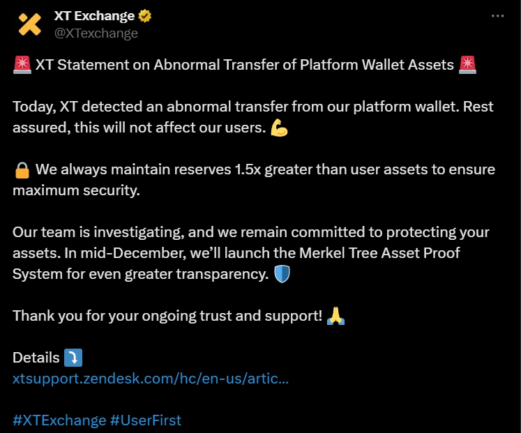 Official Announcement of XT Exchange breach on social media platform.