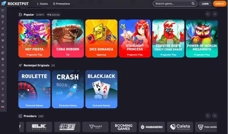 rocketpot casino desktop interface