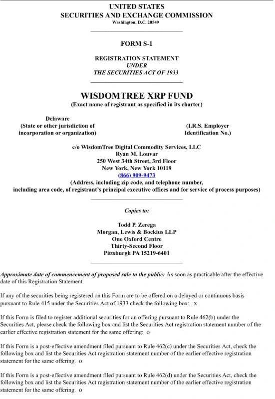 WisdomTree Officially Files for XRP ETF with SEC