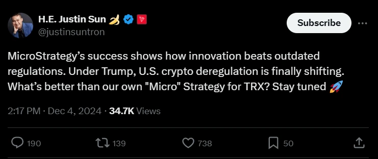 Justin Sun Hinting TRON to follow MicroStrategy Footsteps