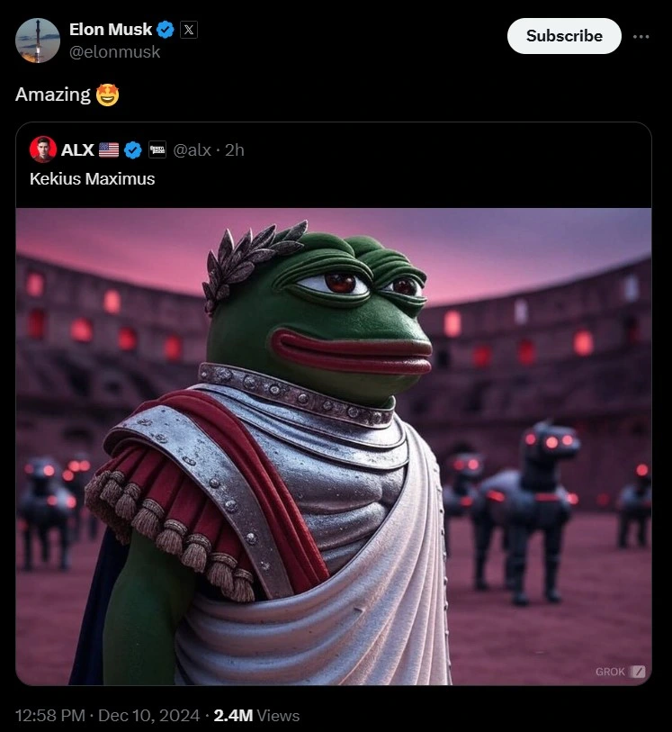 Elon Musk Reposts the PEPE Meme Generated by Grok