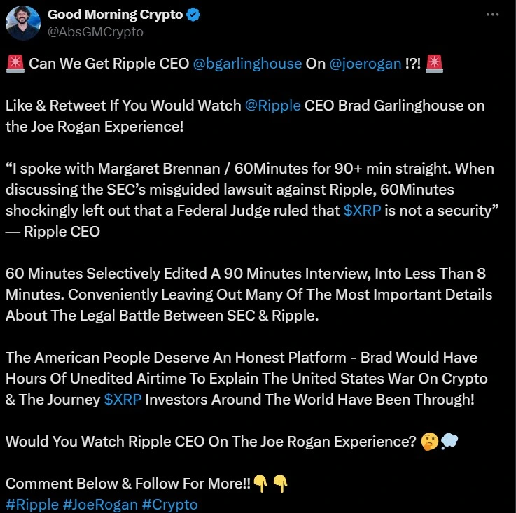 Influencer Meminta untuk mengundang CEO Ripple di The Joe Rogan Experience.