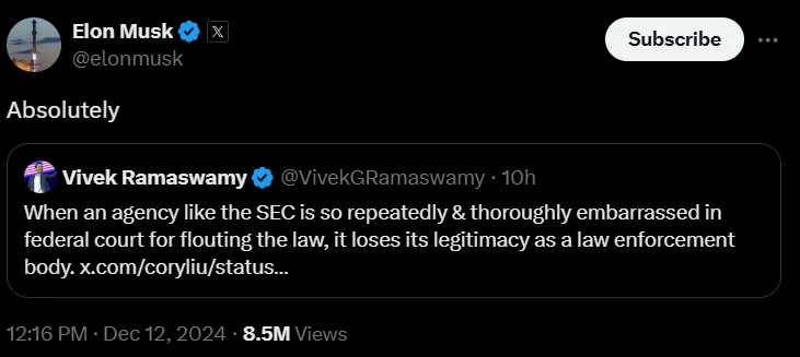 Elon Musk and Vivek Ramaswamy criticize the SEC