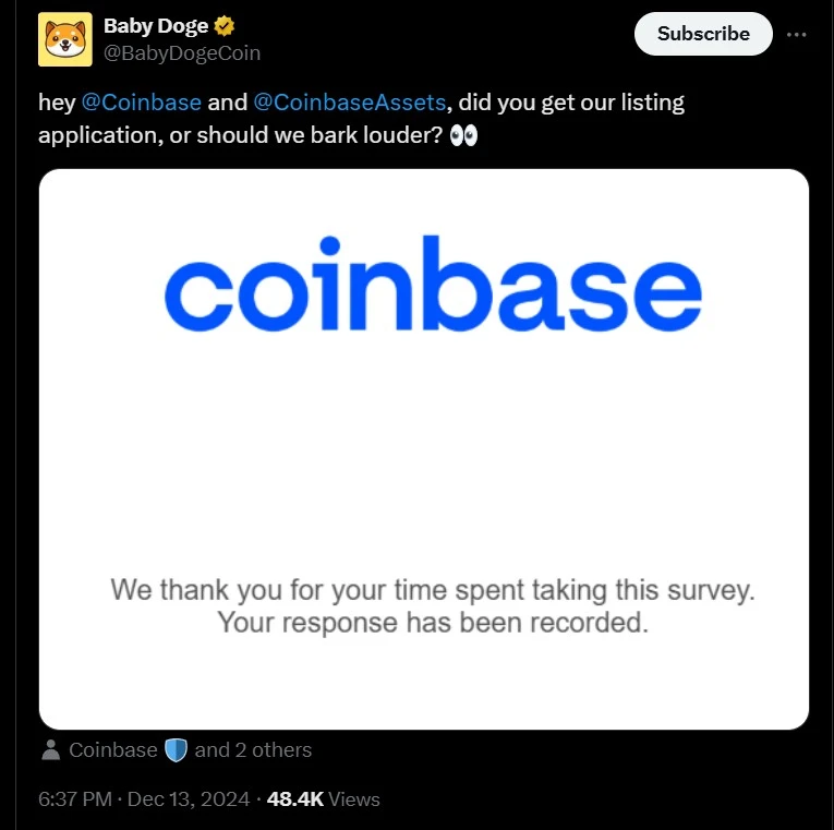 BabyDoge menggoda Coinbase untuk Daftar mereka