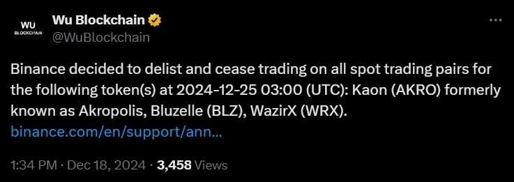 Binance to Delist AKRO, BLZ and WRX