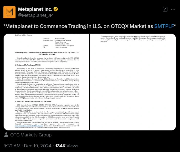 Metaplanet announces its expansion in the U.S. market.